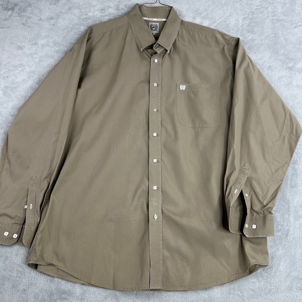 Cinch Western Button Down Shirt XL Tan Men Long Sleeve Solid Cotton Workwear